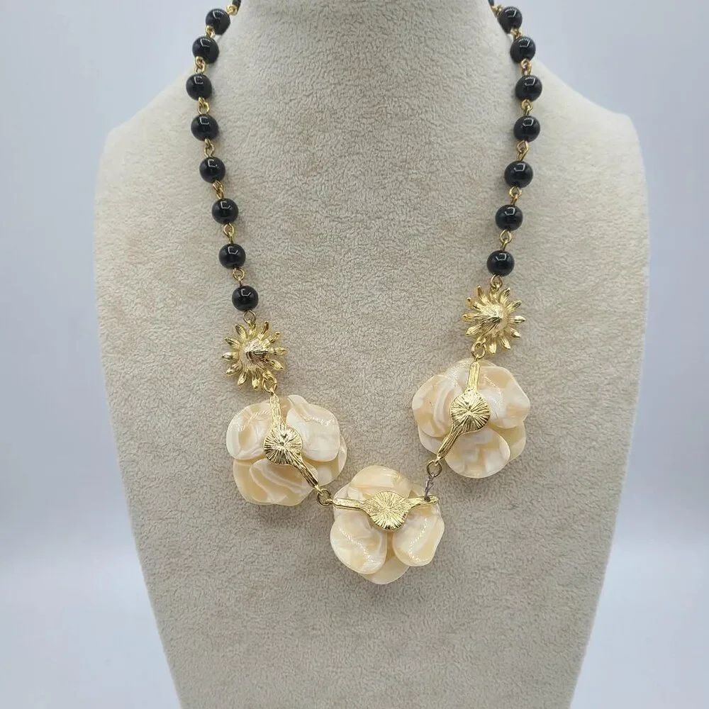 Talbots Black Bead Flower Necklace with Crystals NWOT! - Picture 6 of 11